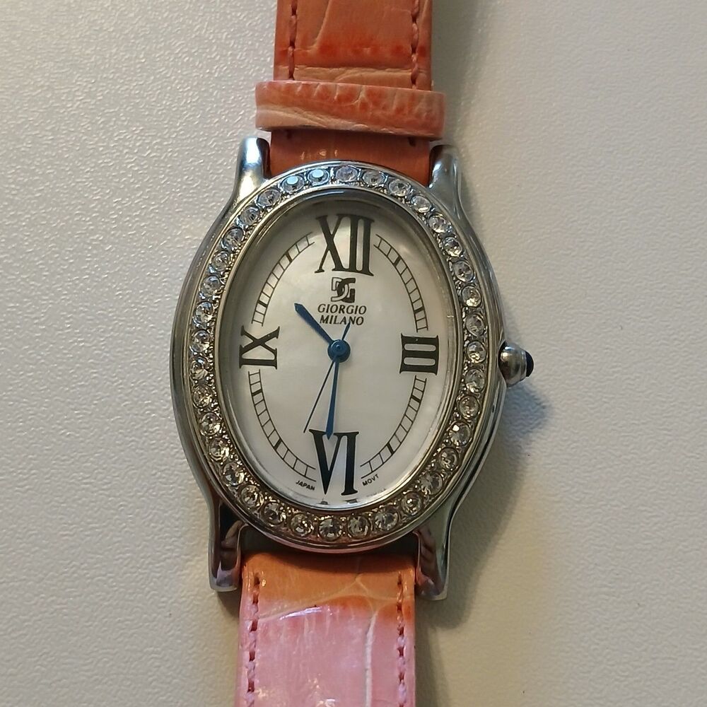 Giorgio Milano Women Crystal Bezel Oval White Dial Pink Leather MOP Dial Watch